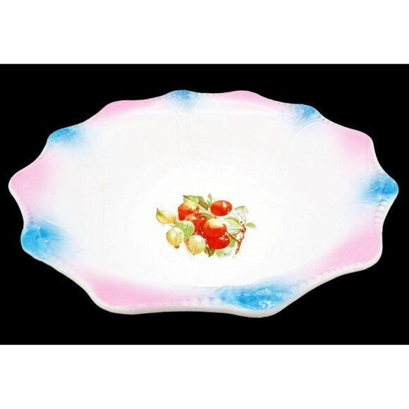 Serving Bowl SC Co Akron Pink Blue Scalloped Edge Cherries 10.5" 1940s Antique - Picture 15 of 15